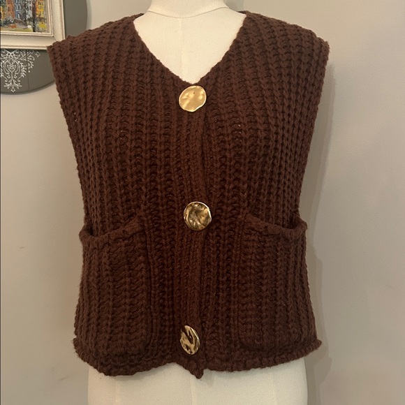 Sweaters - Brown Chunky Sweater Vest with Large Gold Buttons Fall Apparel School Clothes S
